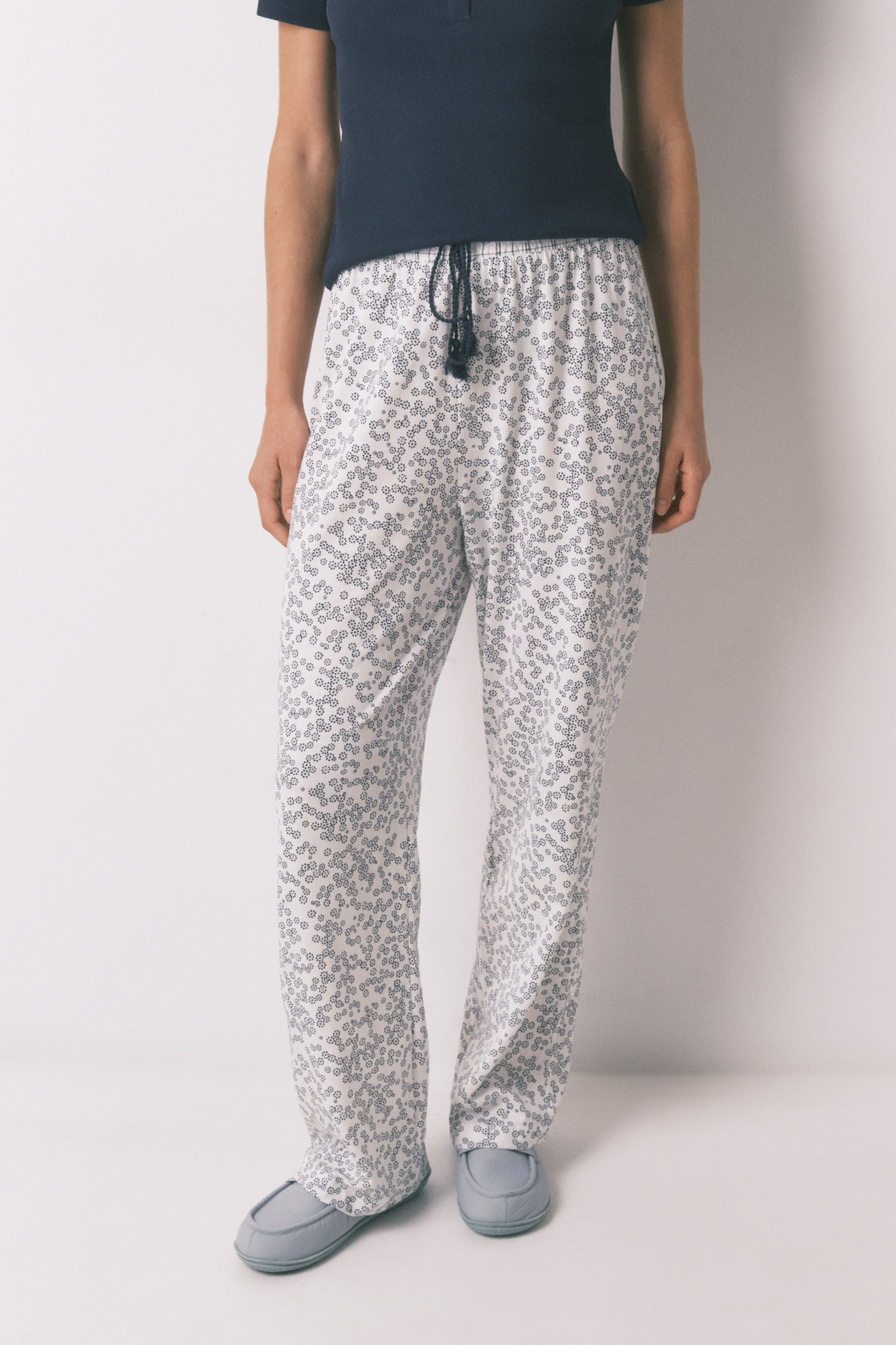 Floral print cotton long trousers