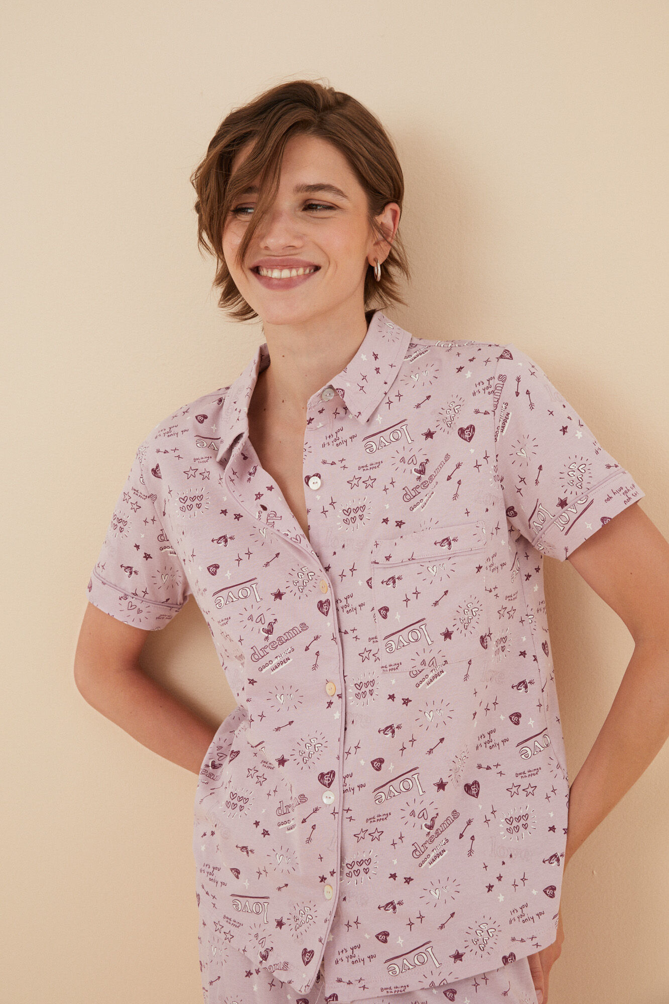Pijama camisero 100% algodón rosa corazones | Pijamas de mujer | SPF